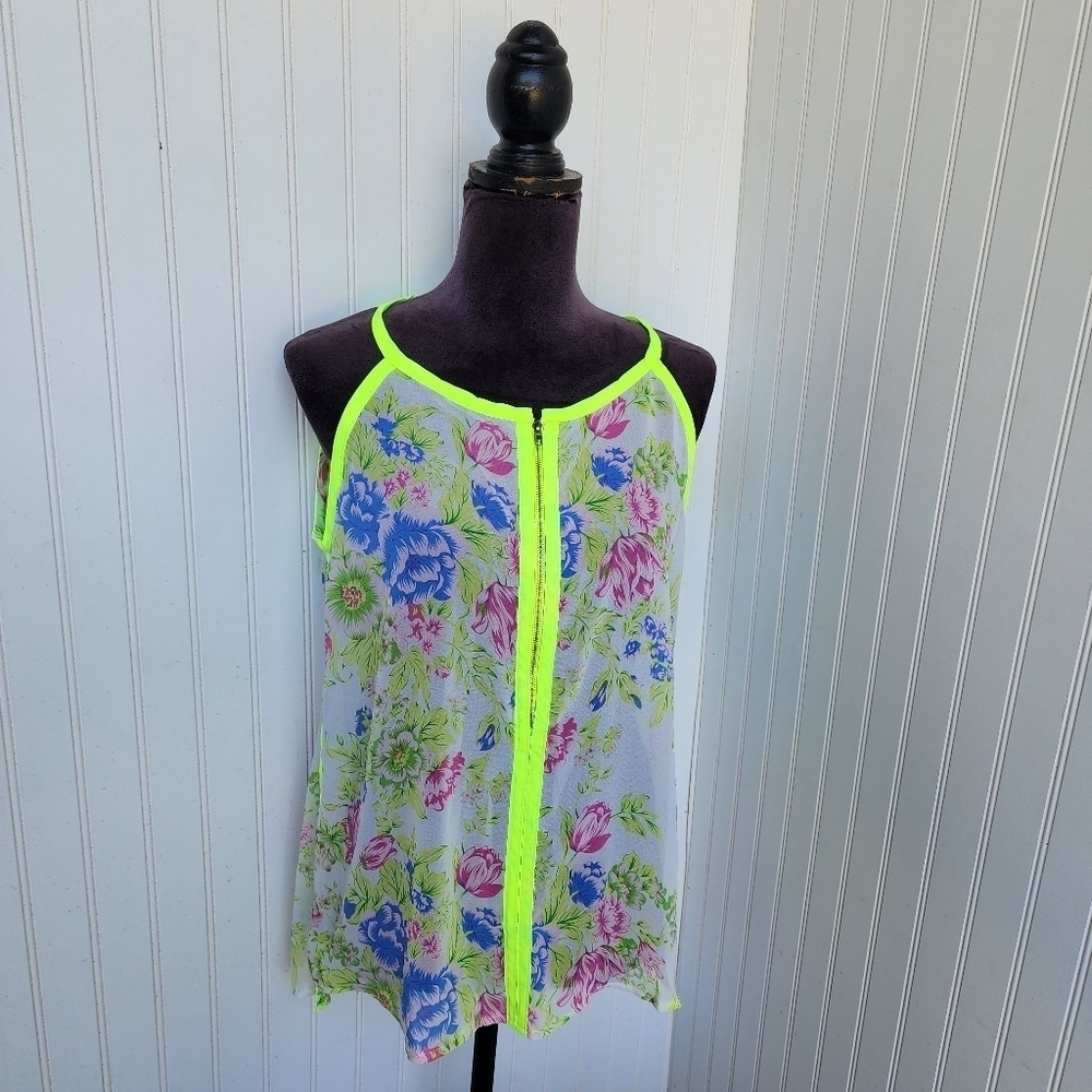 Poly Poly Yellow Floral Zip Sheer Blouse Retro Bright Boho Chic Sz M
